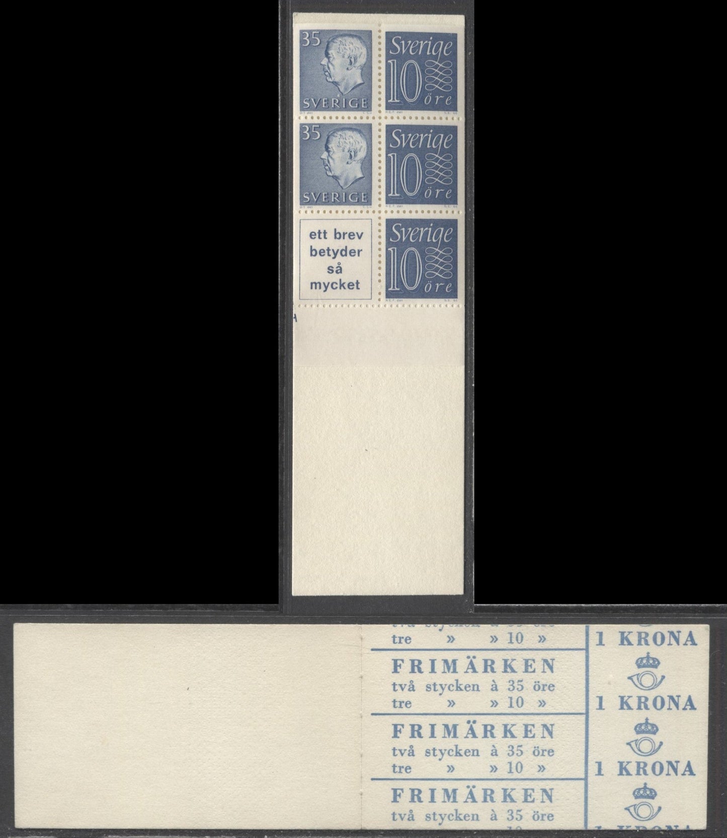 Lot 172 Sweden SC#586c (Facit #HA11BOH) 1963 Re-Engraved King Gustav VI Adolf Definitive Issue, With Inscribed Label, Inverted Pane, 10 Ore Stamps At Right, Bisected Horizontal Cylinder 1 Marking, A VFNH Booklet of 6 (2 +3 + Label), Estimated Value $15