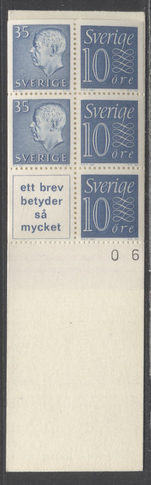 Lot 173 Sweden SC#586c (Facit #HA11BOH) 1963 Re-Engraved King Gustav VI Adolf Definitive Issue, With Inscribed Label, Inverted Pane, 10 Ore Stamps At Right, 2 Digits of Control Number on Tab, A VFNH Booklet of 6 (2 +3 + Label), Estimated Value $15
