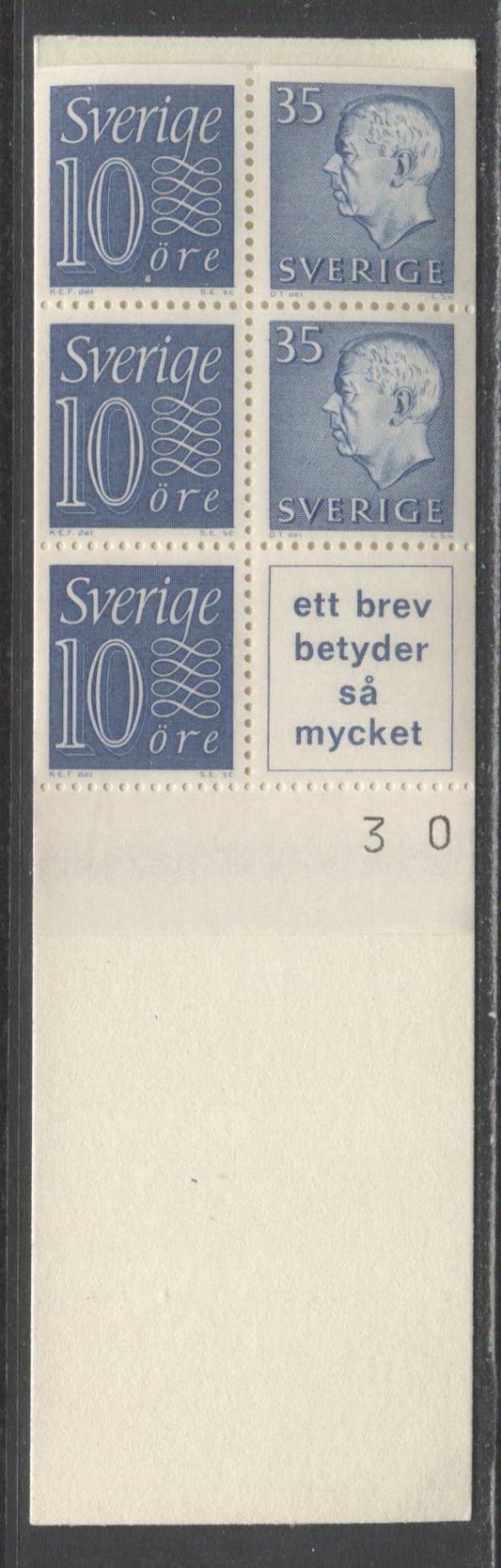 Lot 174 Sweden SC#586c (Facit #HA11BOV) 1963 Re-Engraved King Gustav VI Adolf Definitive Issue, With Inscribed Label, Inverted Pane, 10 Ore Stamps At Left, 2 Digits of Control Number on Tab, A VFNH Booklet of 6 (2 +3 + Label), Estimated Value $15