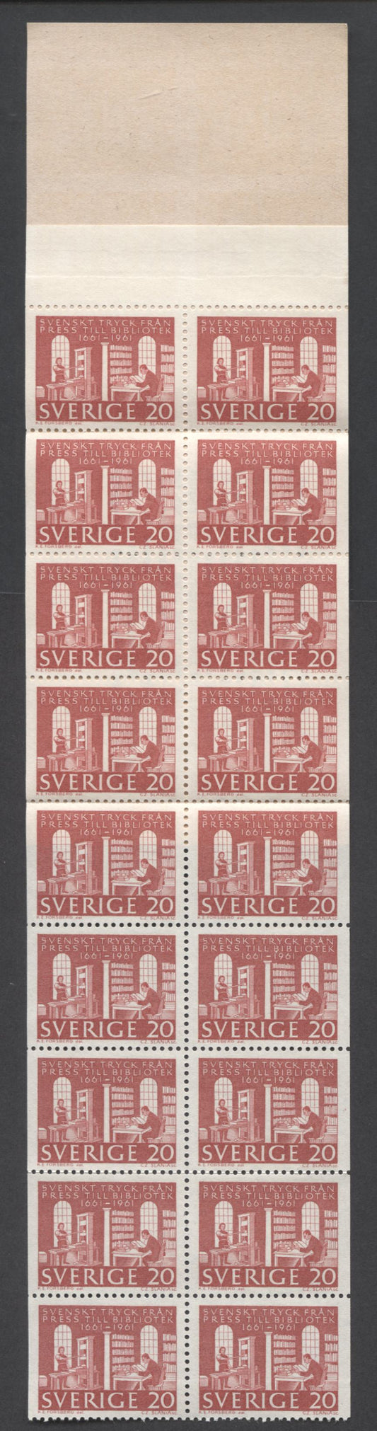 Lot 175 Sweden SC#602a (Facit #H142) 20 Ore Carmine 1961 300th Anniversary Of Royal Library Edict Issue, A VFNH Booklet of 20, Click on Listing to See ALL Pictures, Estimated Value $10