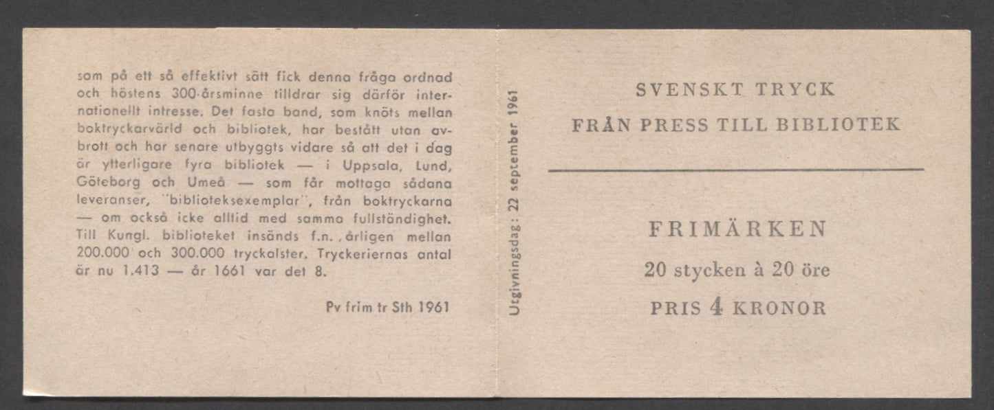 Lot 175 Sweden SC#602a (Facit #H142) 20 Ore Carmine 1961 300th Anniversary Of Royal Library Edict Issue, A VFNH Booklet of 20, Click on Listing to See ALL Pictures, Estimated Value $10