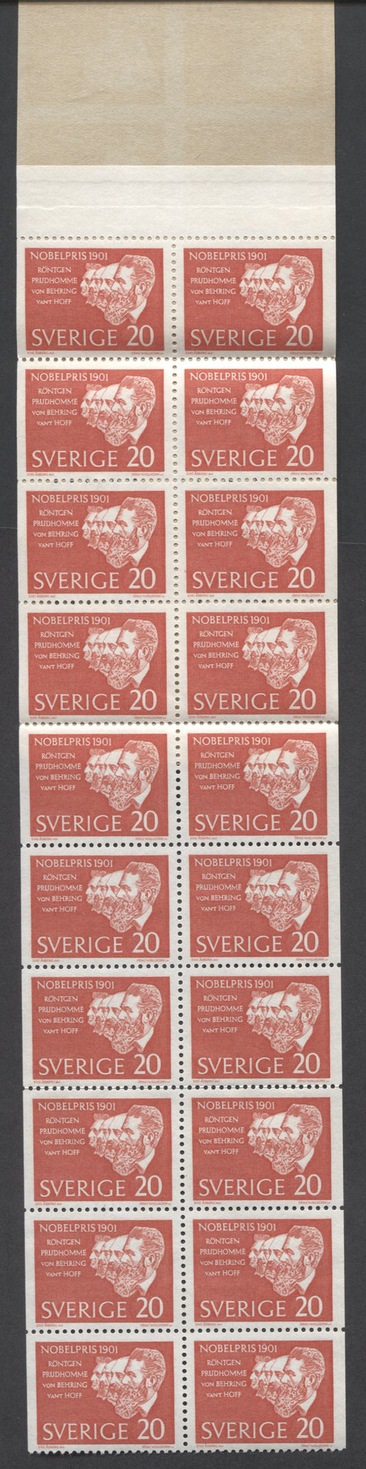 Lot 176 Sweden SC#606a (Facit #H144) 20 Ore Scarlet 1961 Nobel Laureates Issue, A VFNH Booklet of 20, Click on Listing to See ALL Pictures, Estimated Value $8