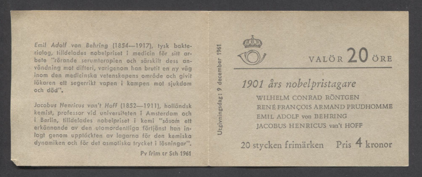 Lot 176 Sweden SC#606a (Facit #H144) 20 Ore Scarlet 1961 Nobel Laureates Issue, A VFNH Booklet of 20, Click on Listing to See ALL Pictures, Estimated Value $8