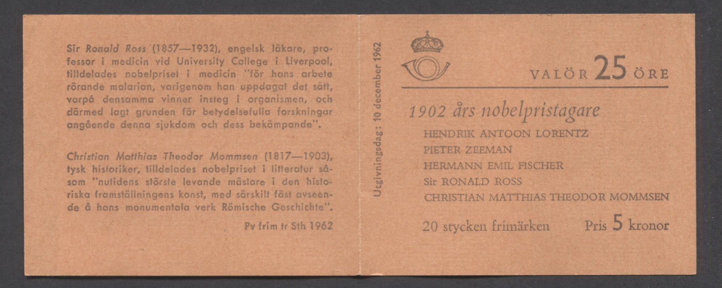 Lot 178 Sweden SC#619a (Facit #H153) 20 Ore Carmine Red 1962 Nobel Laureates Issue, A VFNH Booklet of 20, Click on Listing to See ALL Pictures, Estimated Value $10