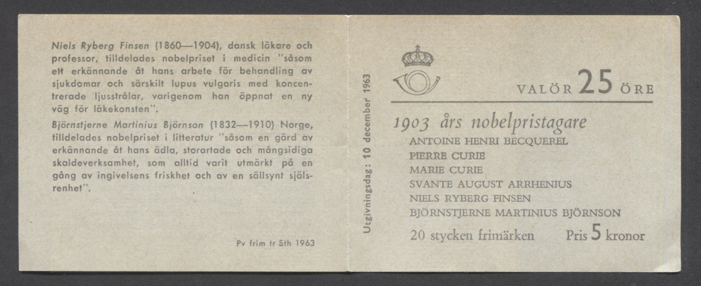 Lot 179 Sweden SC#639a (Facit #H160) 10 Ore, 15 Ore & 25 Ore Brown 1963 Nobel Laureates Issue, A VFNH Booklet of 20, Click on Listing to See ALL Pictures, Estimated Value $20