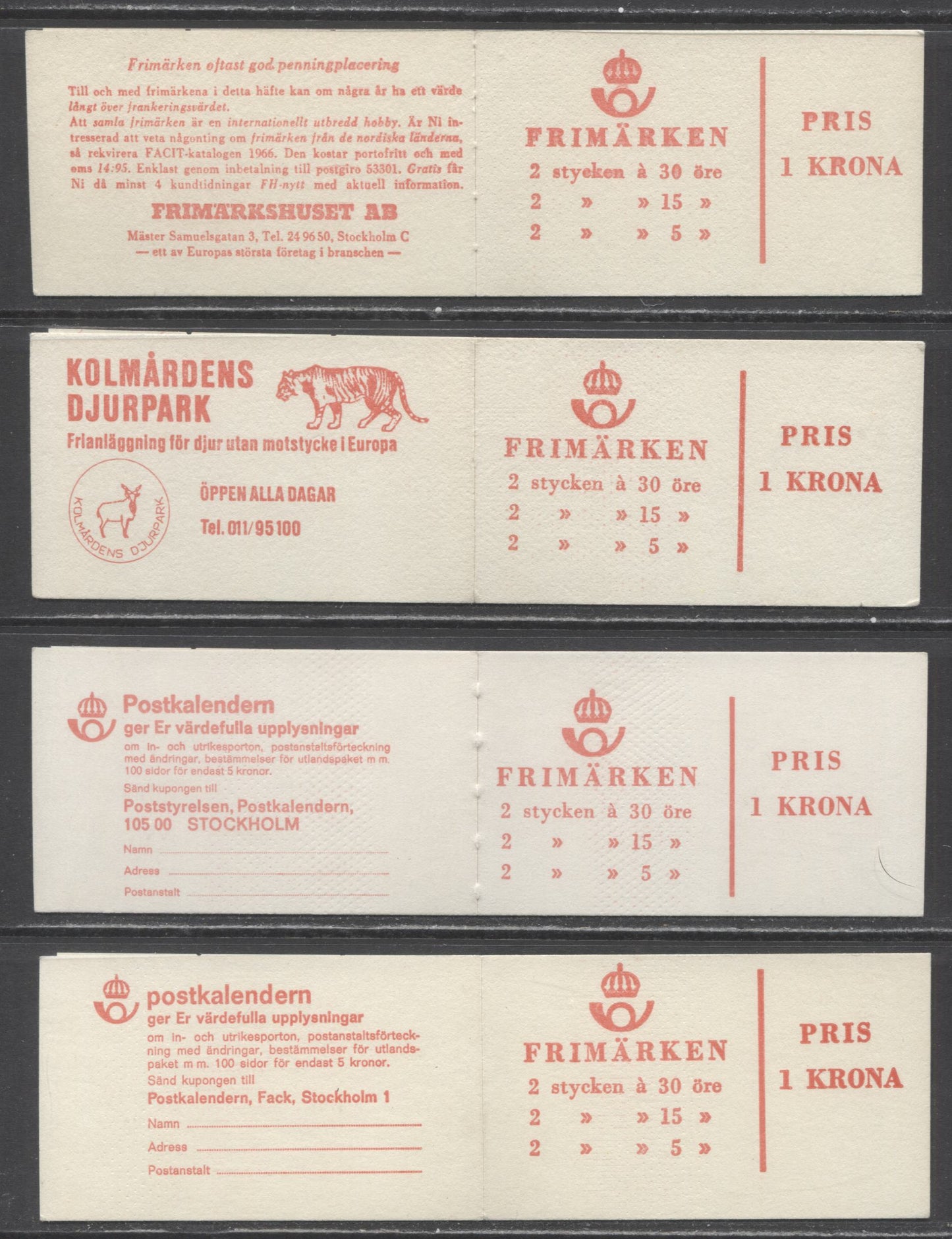 Lot 182 Sweden SC#668a (Facit #HA15AO)/668a (Facit #HA15D1O) 1966 King Gustav VI Adolf Definitive Issue, Different Cream and White Covers, Inverted Panes, Horizontal Cylinder 1 & 2 Markings, 4 VFNH Booklets of 6 (2 +2 +2), Estimated Value $16