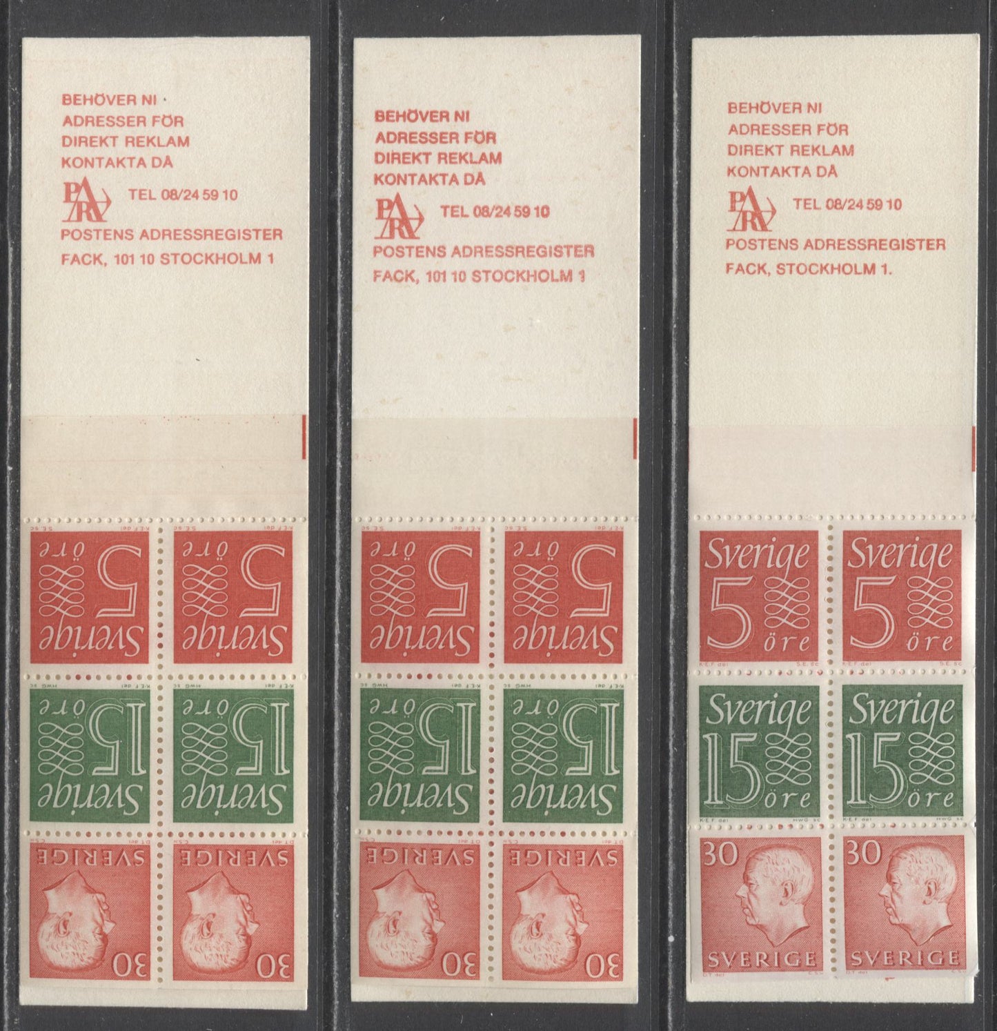 Lot 184 Sweden SC#668a (Facit #HA15B2R)/668a (Facit #HA15E1O) 1966 Re-Engraved King Gustav VI Adolf Definitive Issue, Different Cream Covers, Upright And Inverted Panes, 4 VFNH Booklets of 6 (2 +2 +2),  Estimated Value $18