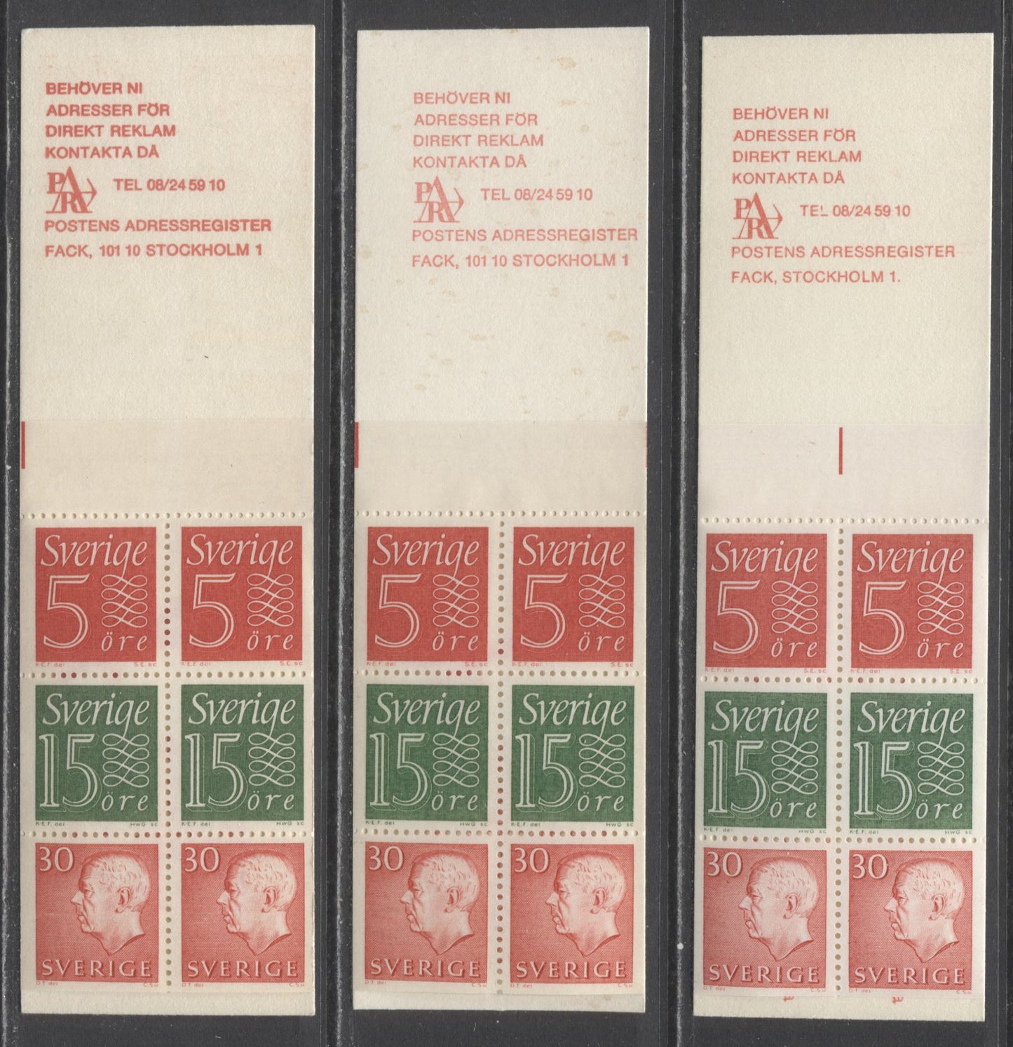 Lot 185 Sweden SC#668a (Facit #HA15B1R)/668a (Facit #HA15E2R) 1966 King Gustav VI Adolf Definitive Issue, Different Cream Cover Designs & Stocks, Upright Panes, Central and Bisected Registration Lines, 3 VFNH Booklets of 6 (2 +2 +2),  Estimated Value $7