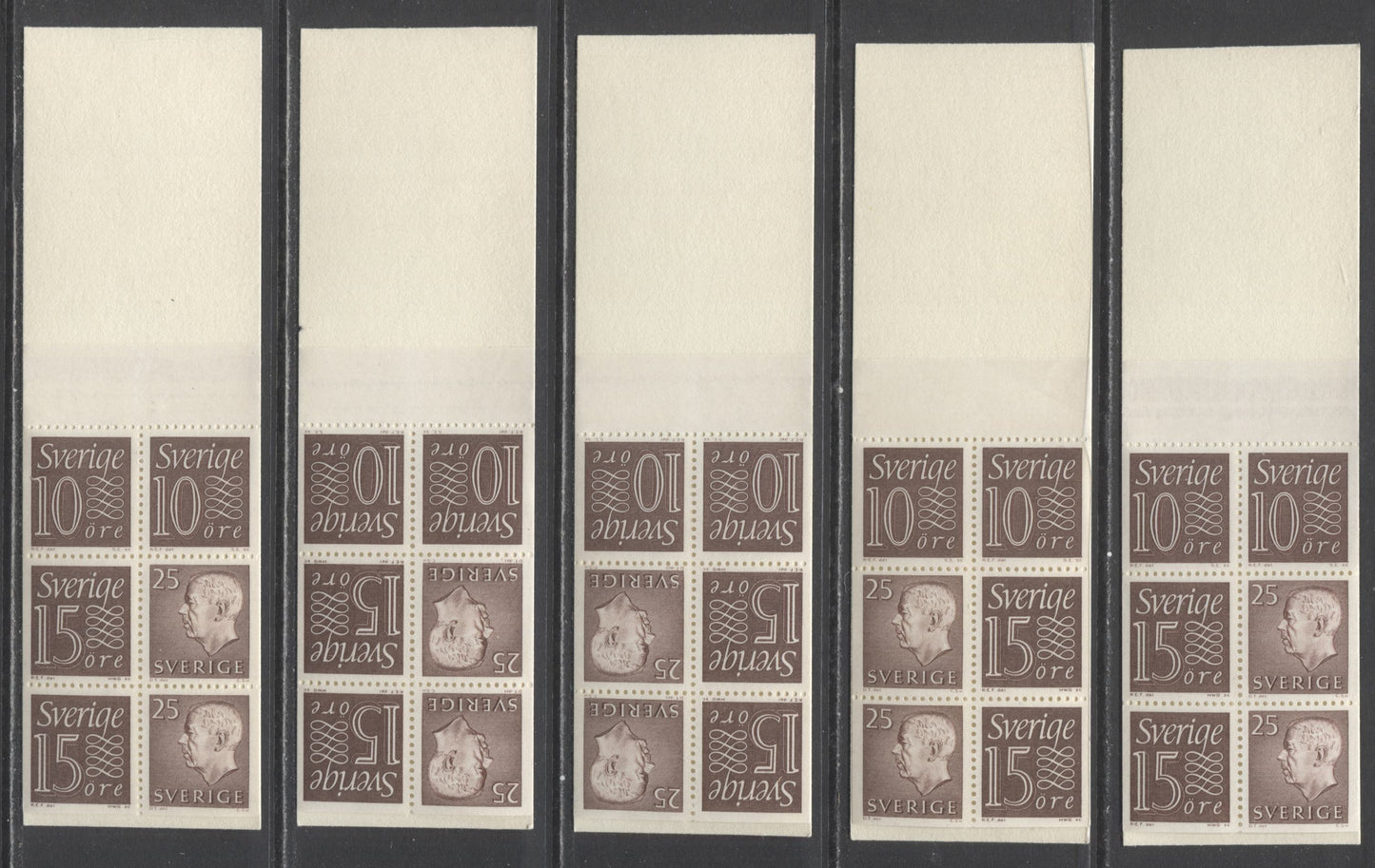 Lot 186 Sweden SC#666a (Facit #HA13ARV)/666a (Facit #HA13BOH) 1964 King Gustav VI Adolf Definitive Issue, Different Back Cover Designs, Upright & Inverted Panes, 15 Ore Stamps At left and Right, 5 VFNH Booklets of 6 (2 +2 +2), Estimated Value $15