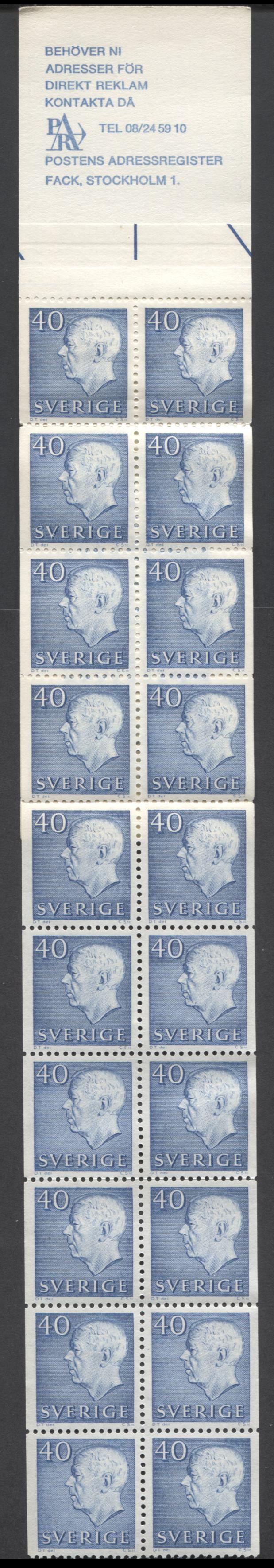 Sweden SC#669a (Facit #H165) 40 Ore Ultramarine 1965 Re-Engraved King Gustav VI Adolf Definitive Issue, With Centrally Placed Sneds, A VFNH Booklet of 20, Click on Listing to See ALL Pictures, Estimated Value $26