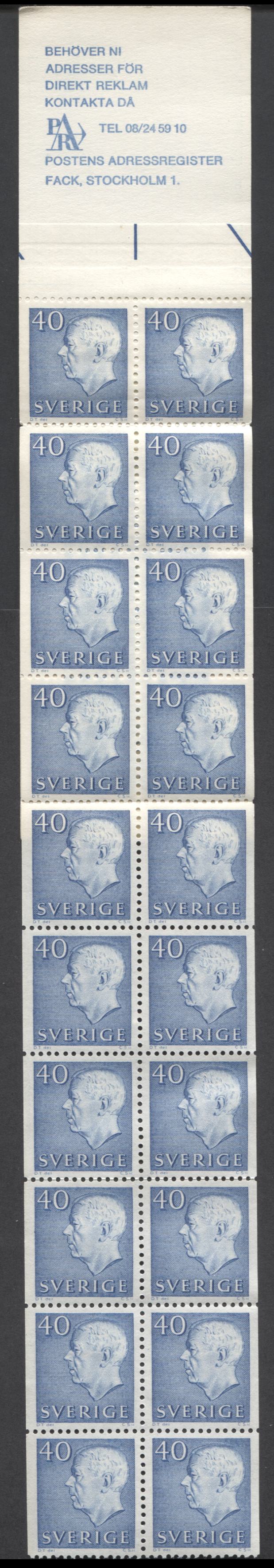 Lot 187 Sweden SC#669a (Facit #H165) 40 Ore Ultramarine 1965 Re-Engraved King Gustav VI Adolf Definitive Issue, With Centrally Placed Sneds, A VFNH Booklet of 20, Click on Listing to See ALL Pictures, Estimated Value $26