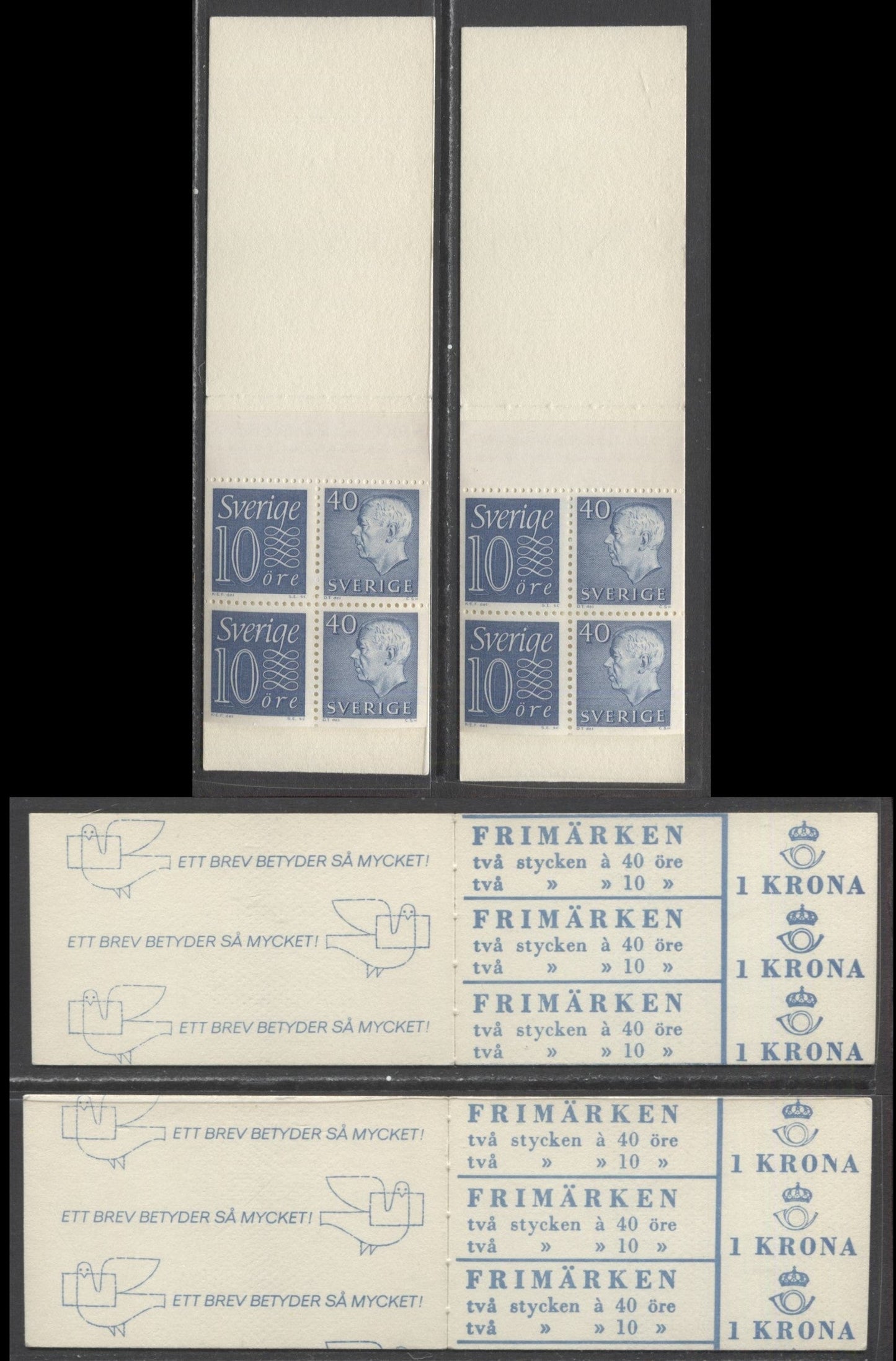 Sweden SC#669b (Facit #HA12ARV)/669b (Facit #HA12B1RV) 1964 Re-Engraved King Gustav VI Adolf Definitive Issue, Upright Panes, Stamps Out Of Vertical Alignment, Two Slightly Different Shades, 2 VFNH Booklets of 4 (2 +2),  Estimated Value $5