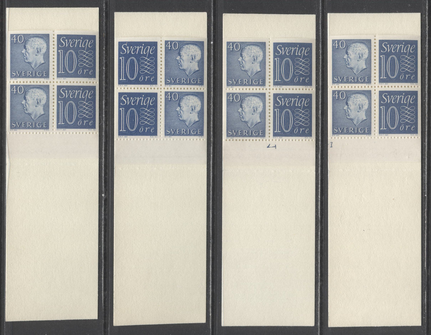 Lot 192 Sweden SC#669b (Facit #HA12ARV)/669b (Facit #HA12B1RV) 1964 Re-Engraved King Gustav VI Adolf Definitive Issue, Upright And Inverted Panes, 10 Ore Stamps At Left And Right, Cylinder Numbers, 4 VFNH Booklets of 4 (2 +2),  Estimated Value $8