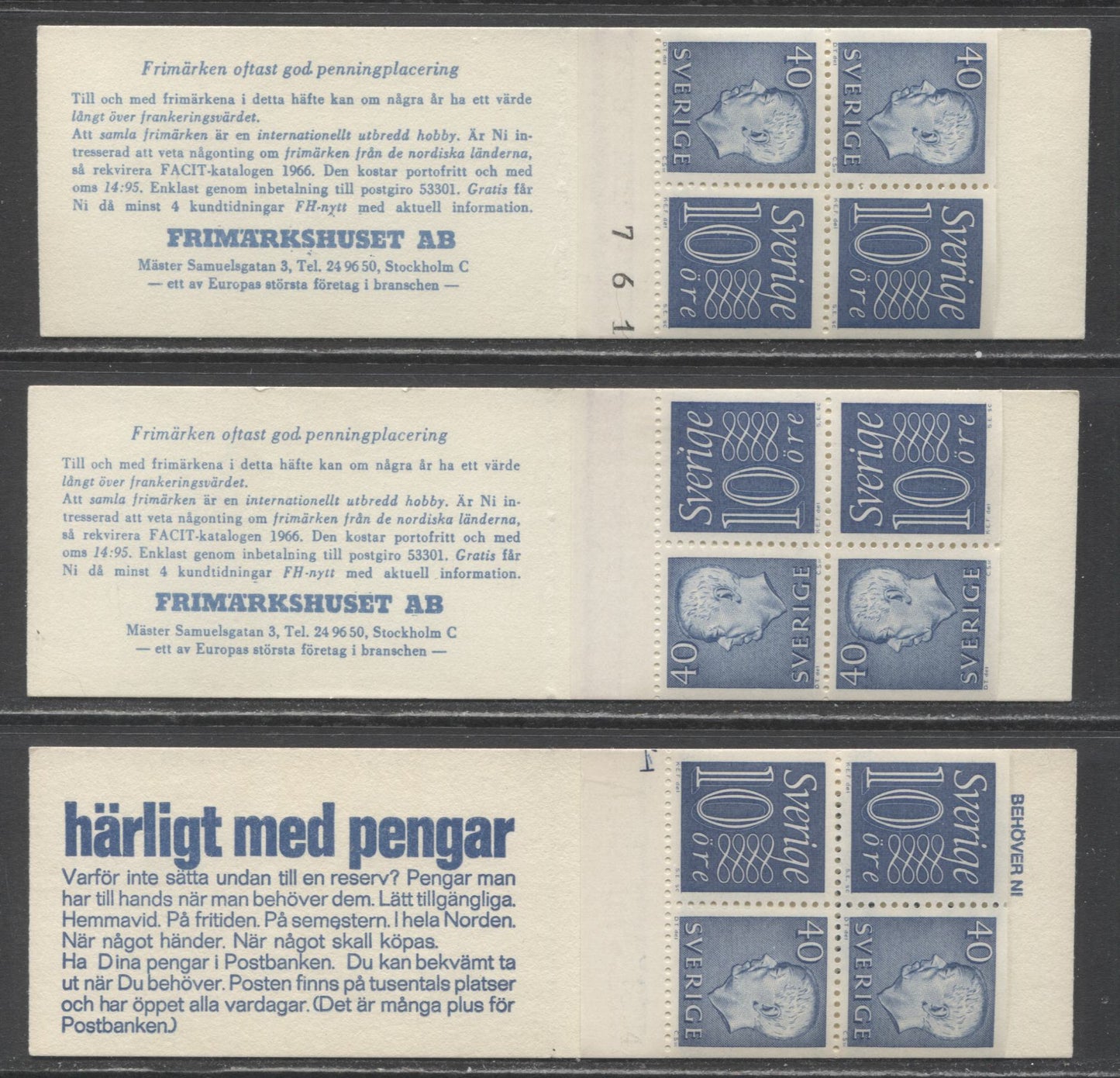 Lot 193 Sweden SC#669b (Facit #HA12ARV/HA12B1RV) 1964 King Gustav VI Adolf Definitive Issue, Different Back Cover Designs, Upright & Inverted Panes, 10 Ore Stamps At left and Right, Different Tab Markings, 3 VFNH Booklets of 4 (2+2),  Estimated Value $8
