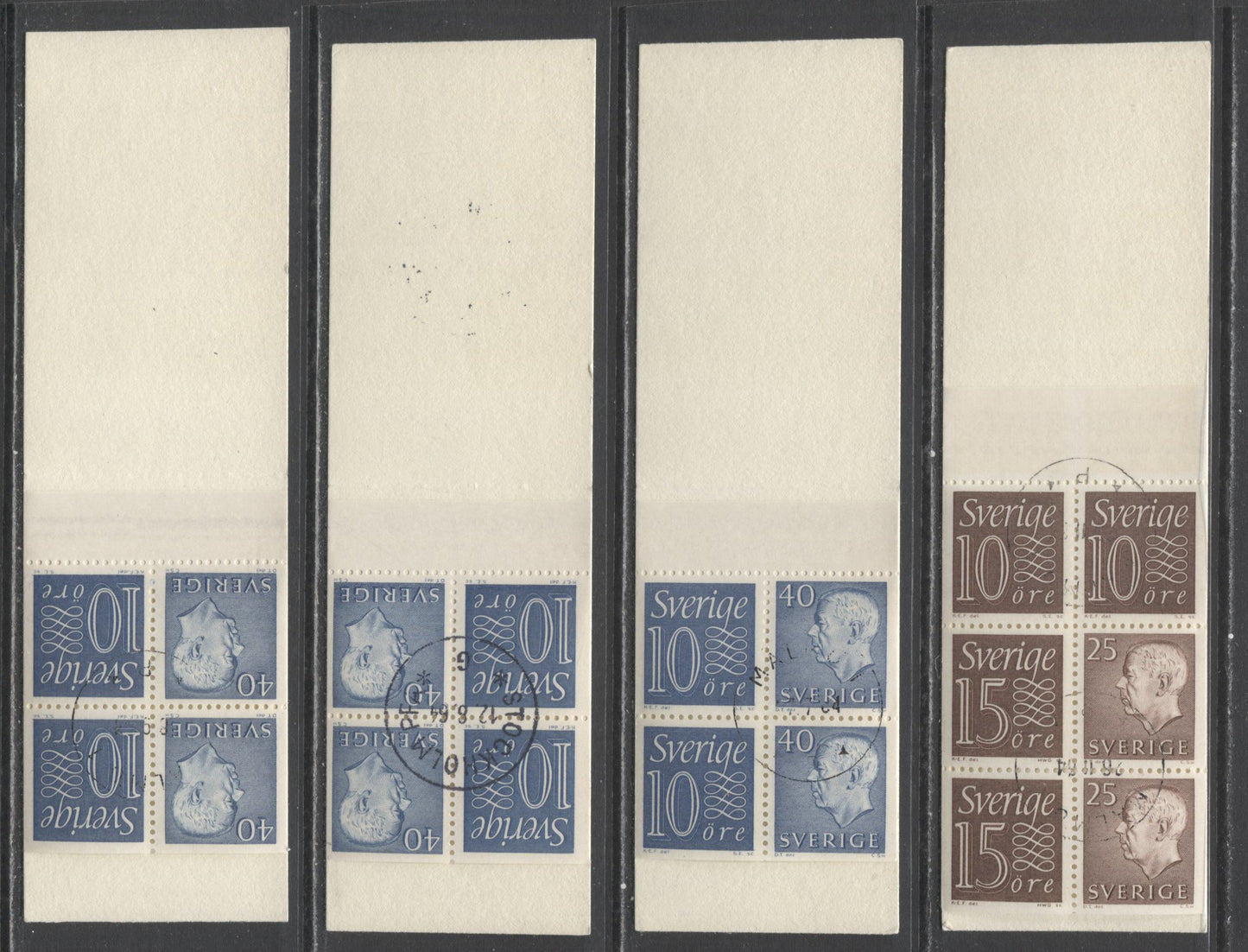 Lot 195 Sweden SC#666a, 669b (Facit #HA12ARV/HA13BRV) 1964 Re-Engraved King Gustav VI Adolf Definitive Issue, Upright and Inverted Panes, 10 Ore Stamps At Left And Right, CDS Cancelled, 4 VF Used CTO Booklets of 10 (2 x 5), Estimated Value $30