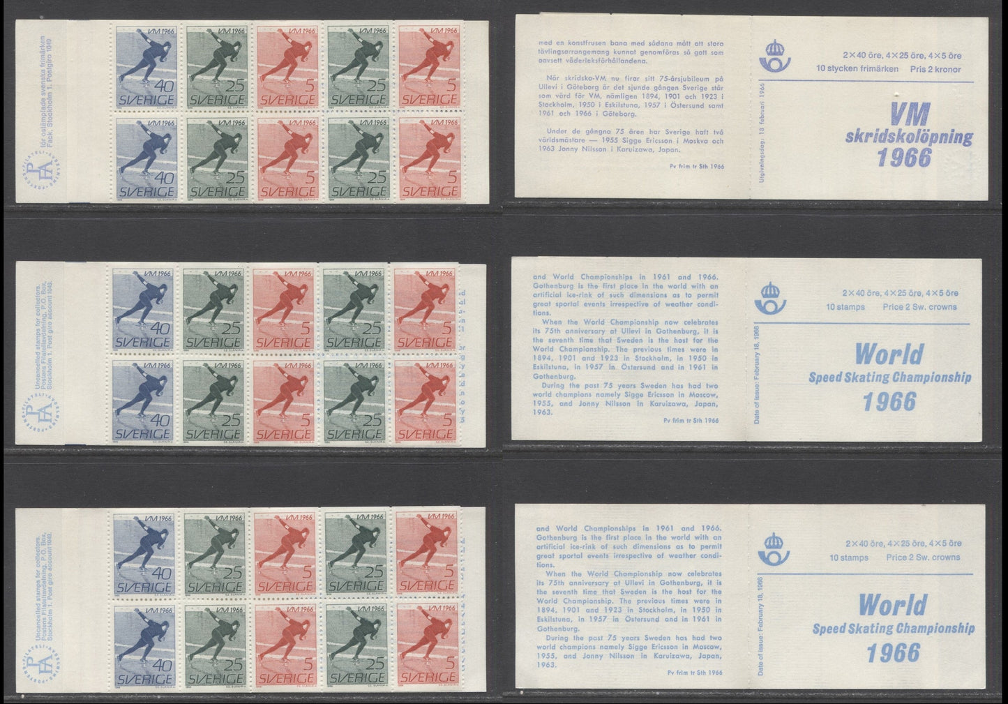 Sweden SC#698a (Facit #H176A1/H176B2) 1966 World Speed Skating Championships Issue, Bright Blue on White English, And Ultramarine Swedish Covers, Bisected and No Registration Markings, 3 VFNH Booklets of 10 (2+4+4), Estimated Value $7