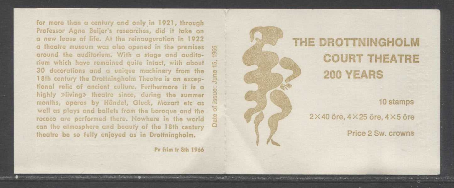 Sweden SC#706a (Facit #H180B) 1966 200th Anniversary of Drottingholm Theatre issue, Letterpress English Cover, LF, Central Registration Marking, 3 Digits of Control Number On Tab, A VFNH Booklet of 10 (2+4+4), Estimated Value $15