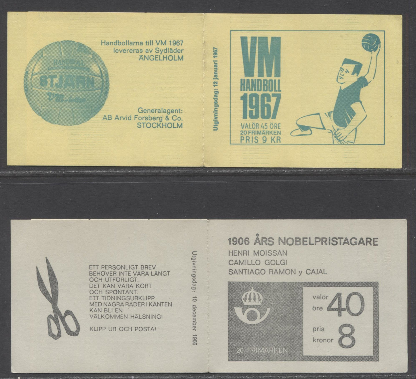 Sweden SC#713a, 716a (Facit #H184A/H185B) 1966 Nobel Prize Winners & World Field Ball Championships Issues, LF Letterpress and DF Offset Covers, 2 VFNH Booklets of 20 , Click on Listing to See ALL Pictures, Estimated Value $21