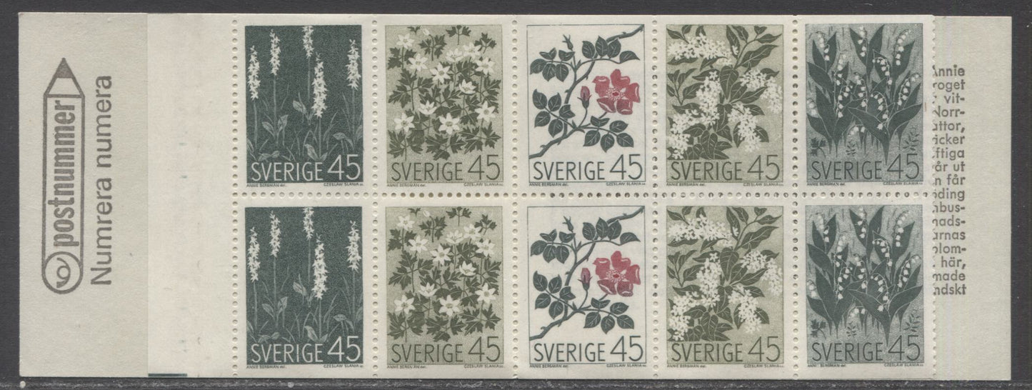 Sweden SC#786a (Facit #H205AT1) 45 Ore Deep Green, Olive Green & Carmine 1968 Wildflowers Issue, 85 x 63 mm Cover, Perforations at Right Mechanically Trimmed Rather Than Torn, A VFNH Booklet Pair, Estimated Value $15