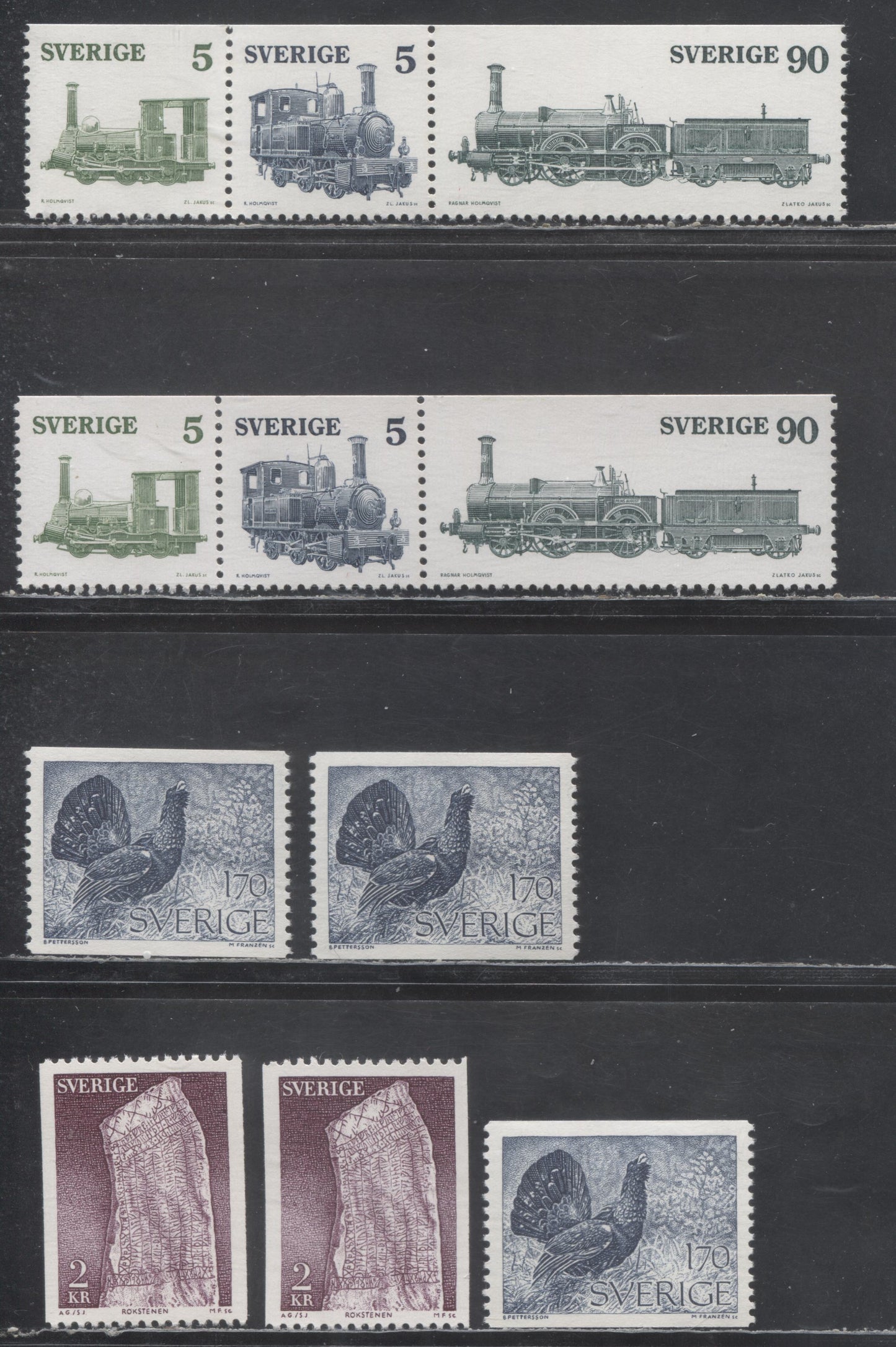 Lot 25 Sweden SC#1119/1136 1975 Capercaille & Rok Stone - 1975 Trains issues, With Strong And Weak Tagging, 11 VFNH Singles, Click on Listing to See ALL Pictures, Estimated Value $15