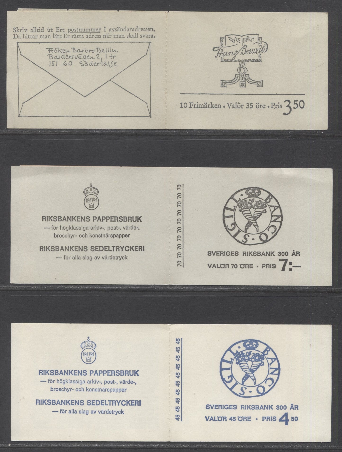 Sweden SC#775a (Facit H202) -779a (Facit H204)  1968 Franz Berwald & National Bank Issues, DF and HF Covers, 3 VFNH Booklets of 10, Click on Listing to See ALL Pictures, Estimated Value $26