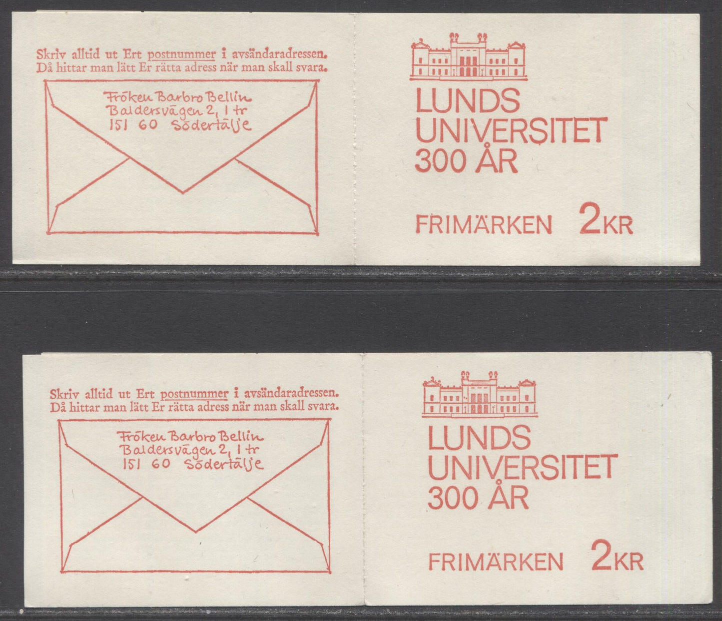 Sweden SC#781a (Facit #H206) 10 ore Blue & 35 Ore Scarlet 1968 Lund University Issue, MF Covers, Blank Tab and 2 Digits of Control Number on Tab, 2 VFNH Booklets of 10 (6+4), Click on Listing to See ALL Pictures, Estimated Value $5