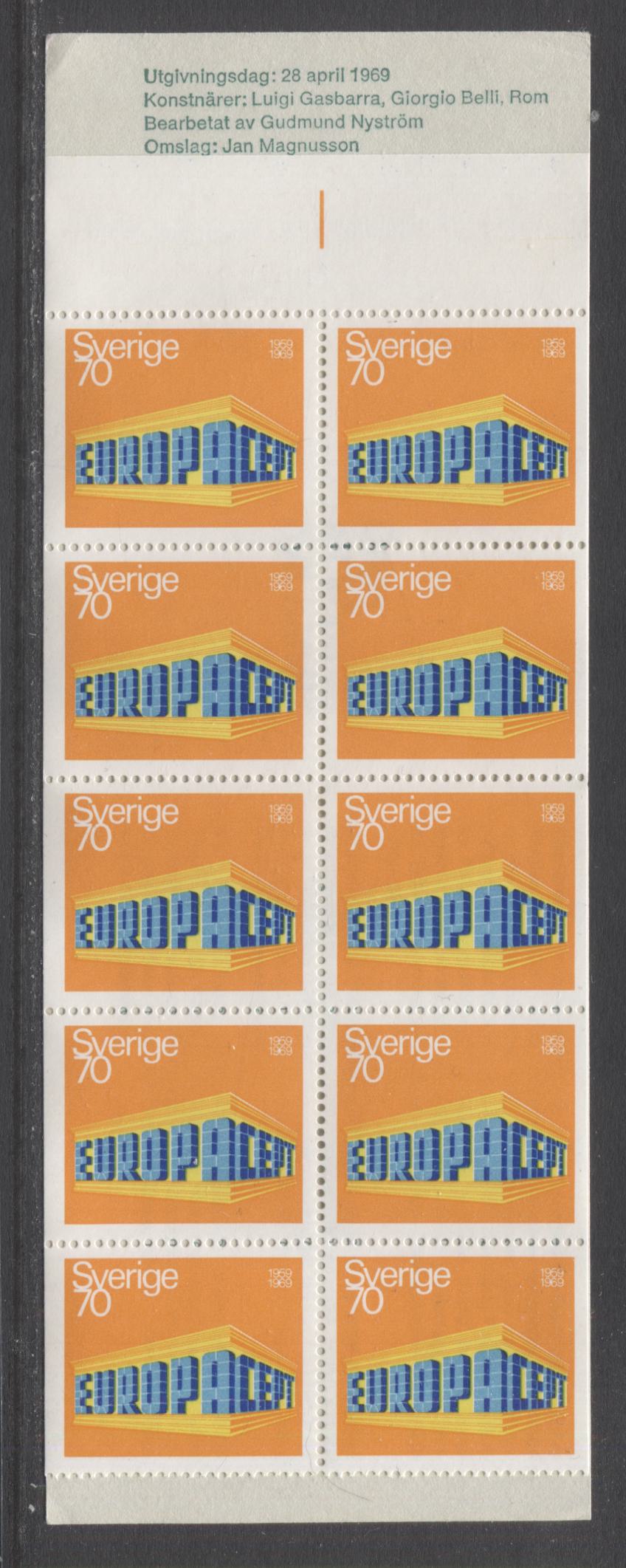 Sweden SC#816a (Facit #H222A) 70 Ore Multicoloured 1969 Europa Issue, Centrally Placed Registration Line In Tab, Fluorescent Cover, A VFNH Booklet of 10, Click on Listing to See ALL Pictures, Estimated Value $26