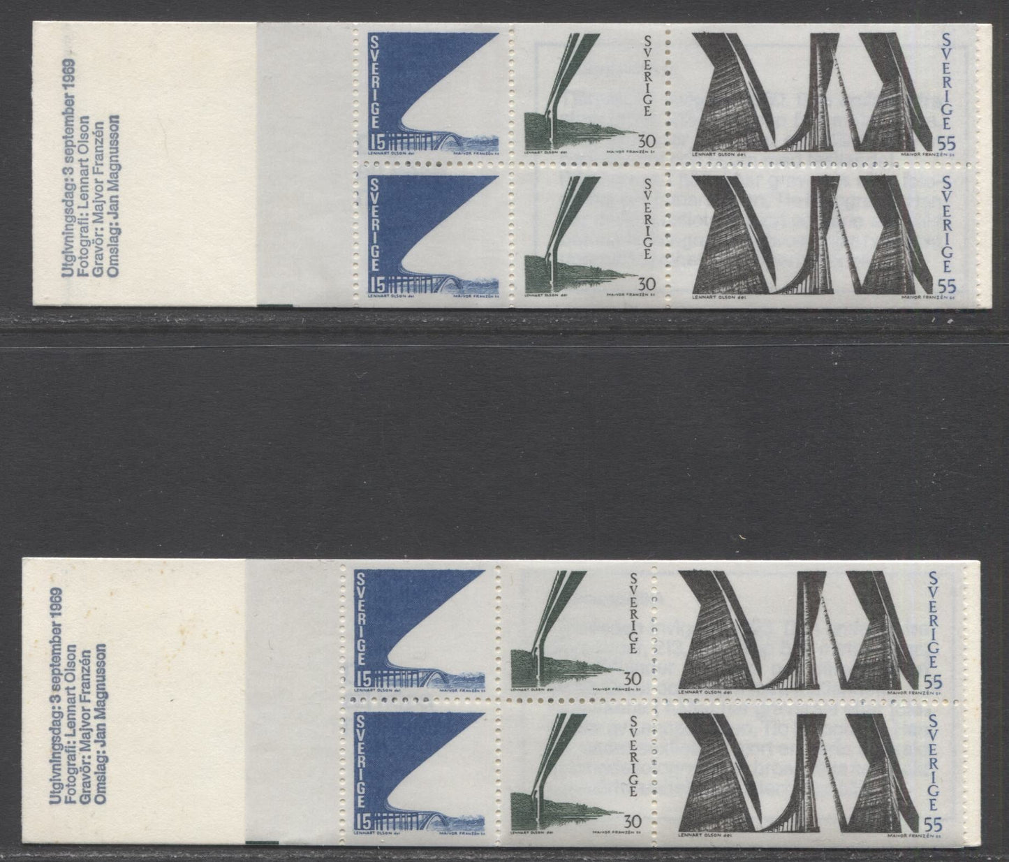 Sweden SC#824a (Facit #HA18B) 15 Ore, 30 Ore & 55 Ore Various Colours 1969 Tjorn Bridges Issue, Perforated Cover Spine, NF & DF Covers, 2 VFNH Booklets Of 6 (2x3), Click on Listing to See ALL Pictures, Estimated Value $15