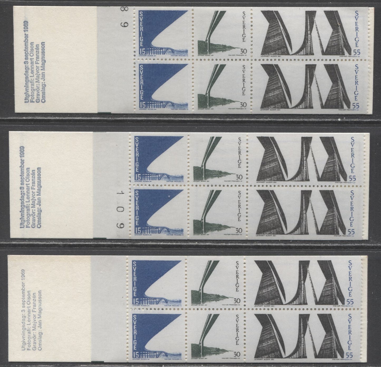 Lot 272 Sweden SC#824a (Facit #HA18B) 15 Ore, 30 Ore & 55 Ore Various Colours 1969 Tjorn Bridges Issue, Perforated Cover Spine, NF-fl & NF Covers, 3 and 2 Digits of Control Number Visible, 3 VFNH Booklets Of 6 (2x3), Estimated Value $39