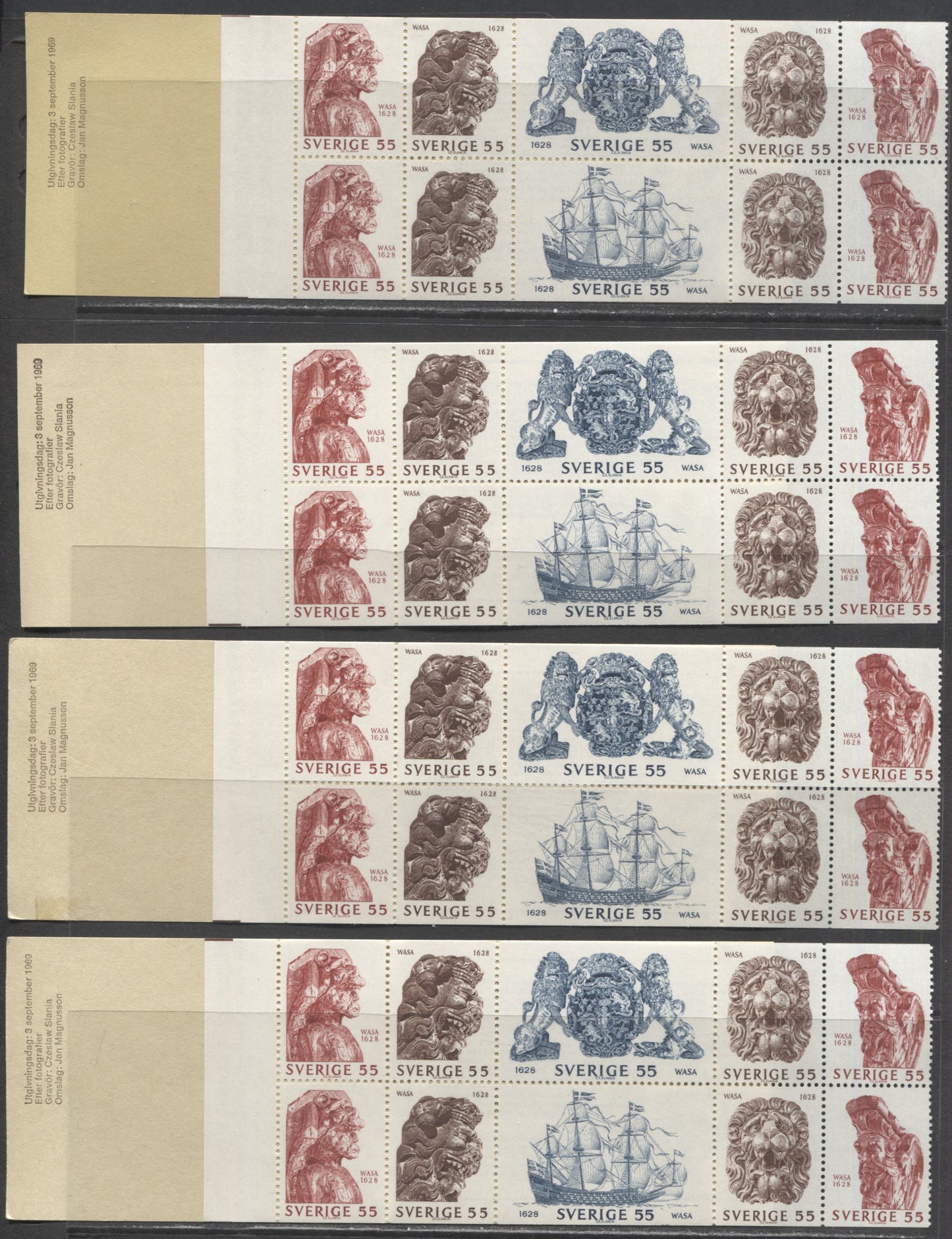 Sweden SC#830a (Facit #H225A) 55 Ore Red Brown, Brown & Grey Blue 1969 Salvage of WASA Issue, Dextrine & Spotty White Gum, MF-fl Violet, LF-fl Covers, 3 VFNH Booklets of 10, Click on Listing to See ALL Pictures, Estimated Value $39