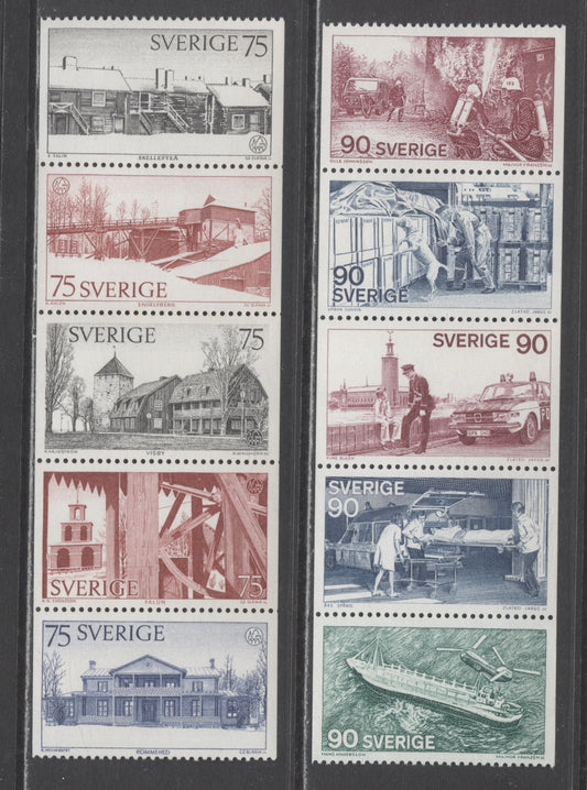 Lot 28 Sweden SC#1124-1133 1975 European Architectural Heritage Year - 1976 Public Service Organizations, With Strong and Weak Tagging,  2 VFNH Booklet Panes of 5, Click on Listing to See ALL Pictures, Estimated Value $10