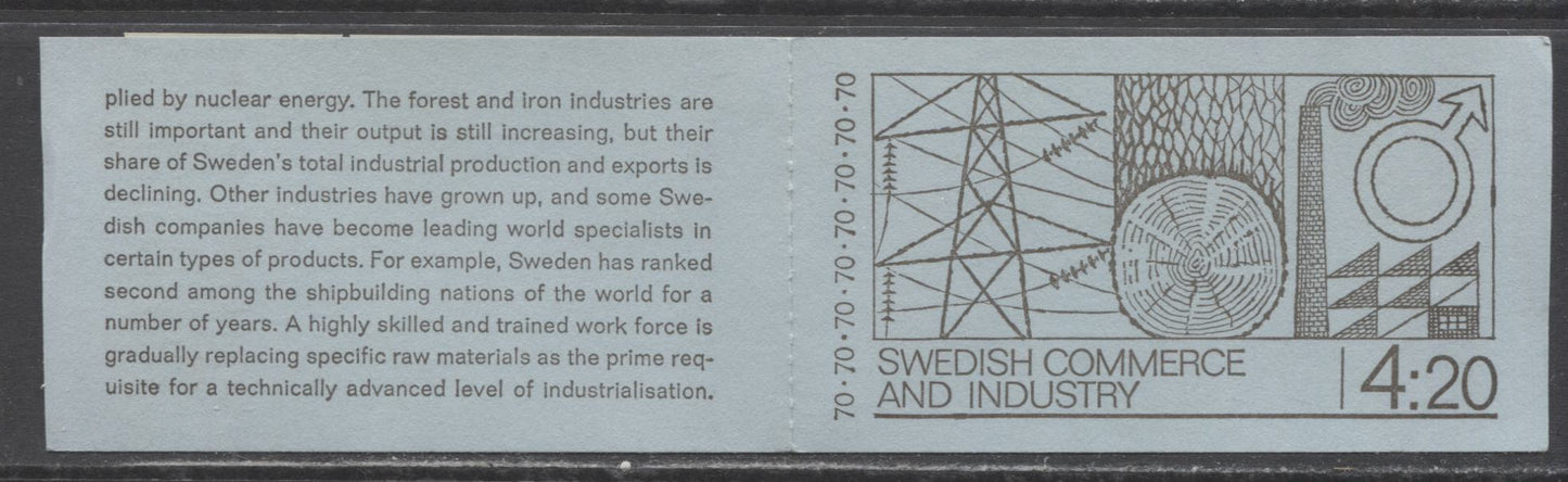 Sweden SC#866a (Facit #H234B) 70 Ore Multicoloured 1970 Swedish Industrial Life Issue, LF English Cover, Strong Tagging, A VFNH Booklet of 6 (1x6), Click on Listing to See ALL Pictures, Estimated Value $17