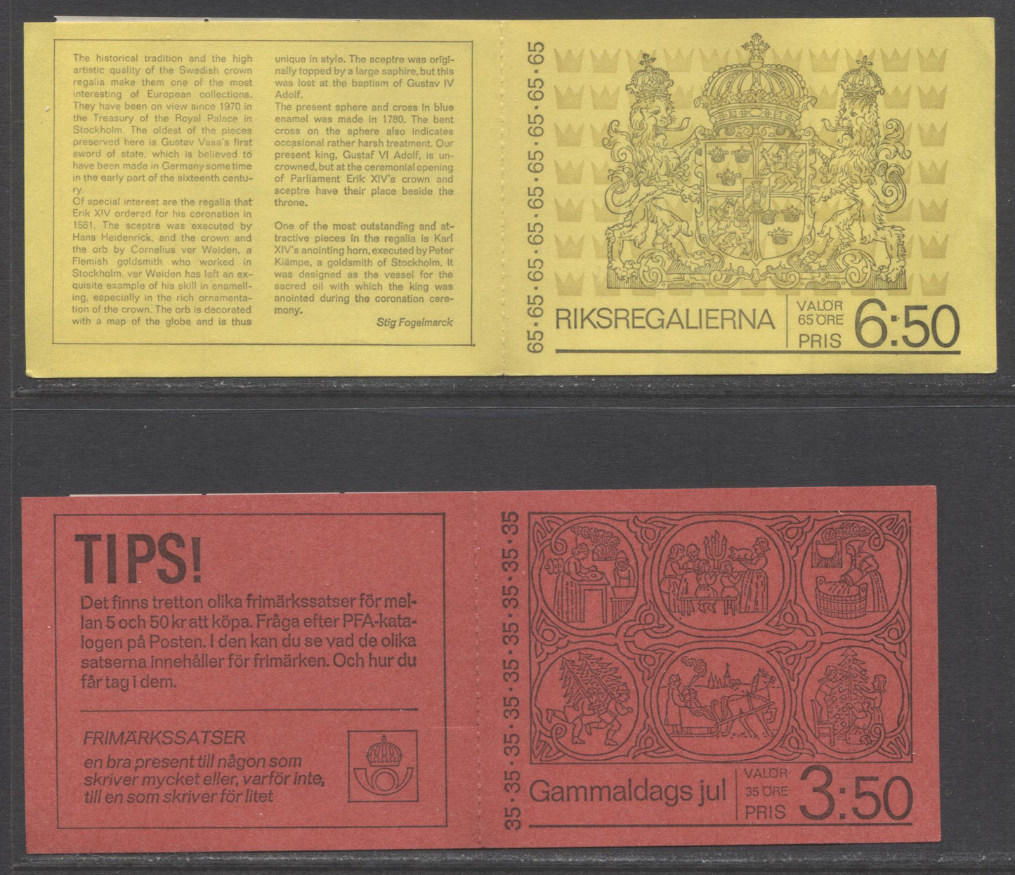 Sweden SC#903a (Facit #248B)-908a (Facit #249A) 1971 Crown Regalia and Christmas Issues, Bisected Registration Marking in Tab, Dull Red Cover, 2 VFNH Booklets of 10, Click on Listing to See ALL Pictures, Estimated Value $30