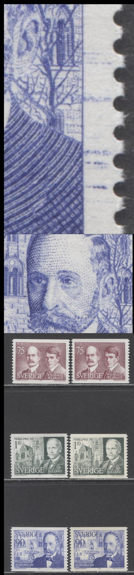Lot 29 Sweden SC#1149-1151 1975 1915 Nobel Prize Winners Issue, With Strong And Weak Tagging, Plus Ink Drag Flaw, 6 VFNH Singles, Click on Listing to See ALL Pictures, Estimated Value $10
