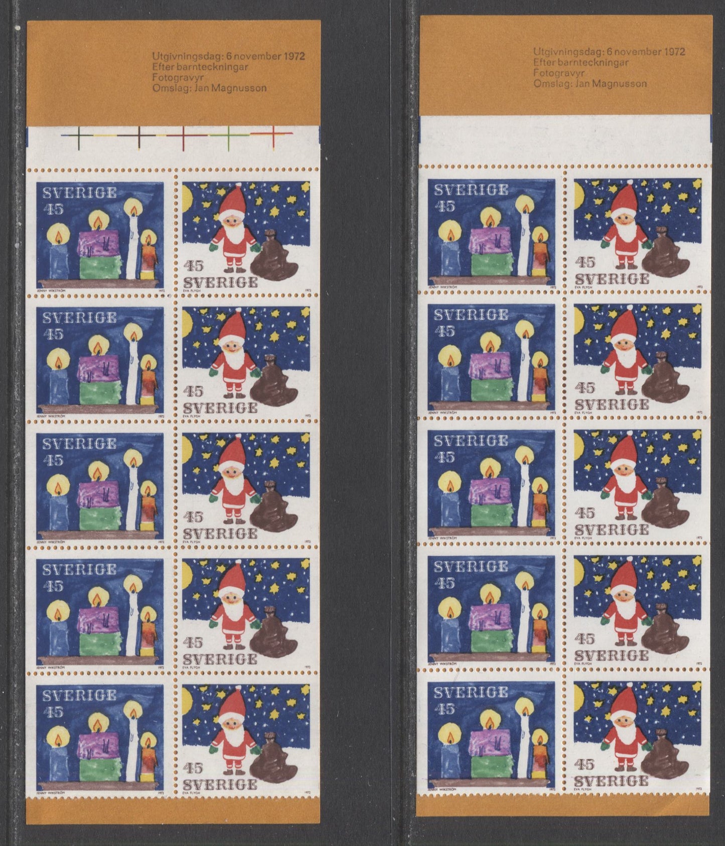Lot 320 Sweden SC#952a (Facit #H261c)/952a (Facit #H261c) 1972 Christmas Issue, Yellow Orange Covers, Very Weak Tagging Or Untagged, Bisected Registration Marking, Full Crosses In Tab Of One Booklet, 2 VFNH Booklet of 10 (5x2), Estimated Value $20