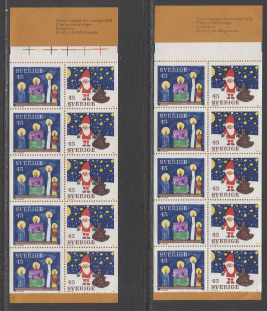 Lot 320 Sweden SC#952a (Facit #H261c)/952a (Facit #H261c) 1972 Christmas Issue, Yellow Orange Covers, Very Weak Tagging Or Untagged, Bisected Registration Marking, Full Crosses In Tab Of One Booklet, 2 VFNH Booklet of 10 (5x2), Estimated Value $20