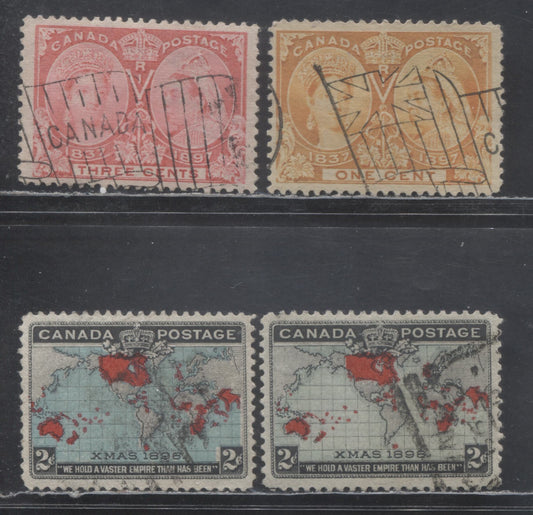 Lot 338 Canada #51, 53i, 86, 86b 1c, 2c, 3c Dull Orange, Pale rose, Blue/Deep Blue, Black & Carmine Queen Victoria & Mercator's Projection, 1897 Diamond Jubilee Issue & 1898 Imperial Penny Postage , 4 Fine & VF Used  Singles