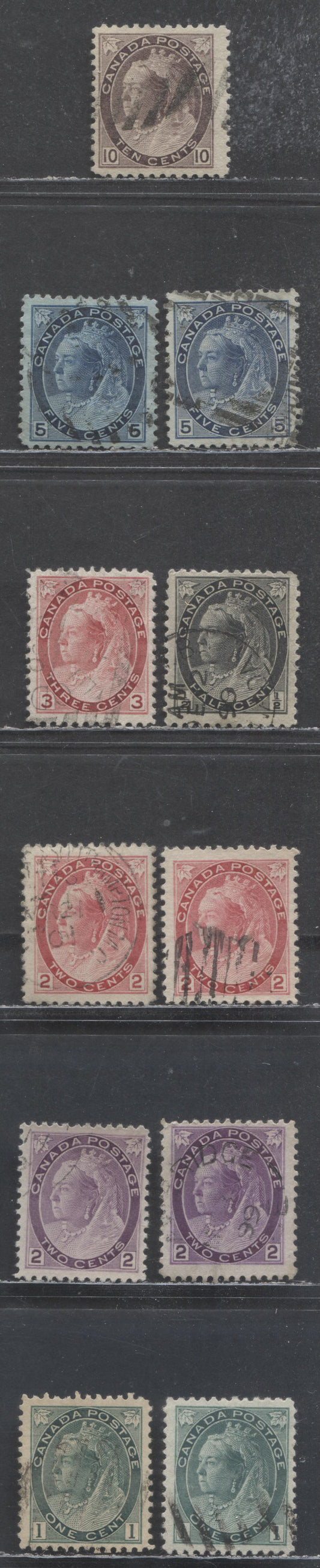 Lot 340 Canada #74, 75, 75i, 76, 76i, 77, 77a, 78, 79, 79b, 83 1/2c - 10c Black - Brown Violet Queen Victoria, 1898-1902  Numeral Issue, 11 Fine & VF Used  Singles Including Shades & Die 2 2c