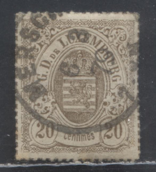 Lot 373 Luxembourg SC#21 20c Gray Brown 1865-1874 Arms Issue, Rouletted in Colour, A VF Used Single, Click on Listing to See ALL Pictures, 2022 Scott Cat. $8