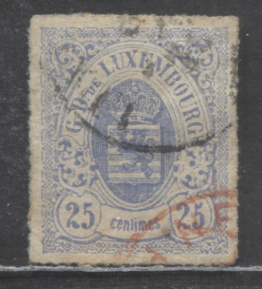 Lot 374 Luxembourg SC#22A 25c Ultramarine 1865-1874 Arms Issue, Rouletted in Colour, A VG-F Used Single, Click on Listing to See ALL Pictures, Estimated Value $3