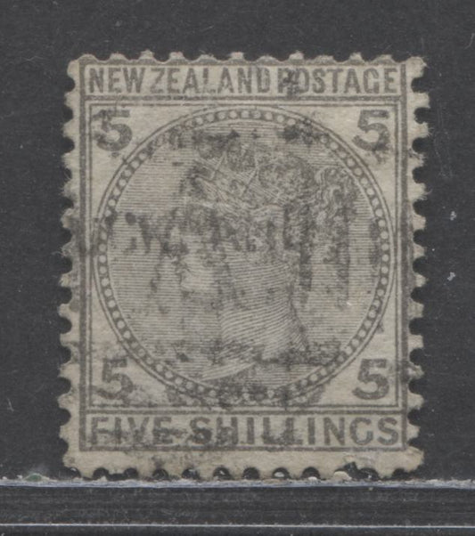 Lot 377 New Zealand SC#60 5/- Grey 1878 First Queen Victoria Sidefaces High Values, Fine Appearance, Moderate Cancel, But Repaired Perforation at LR, A Good Used Single, Click on Listing to See ALL Pictures, Estimated Value $65
