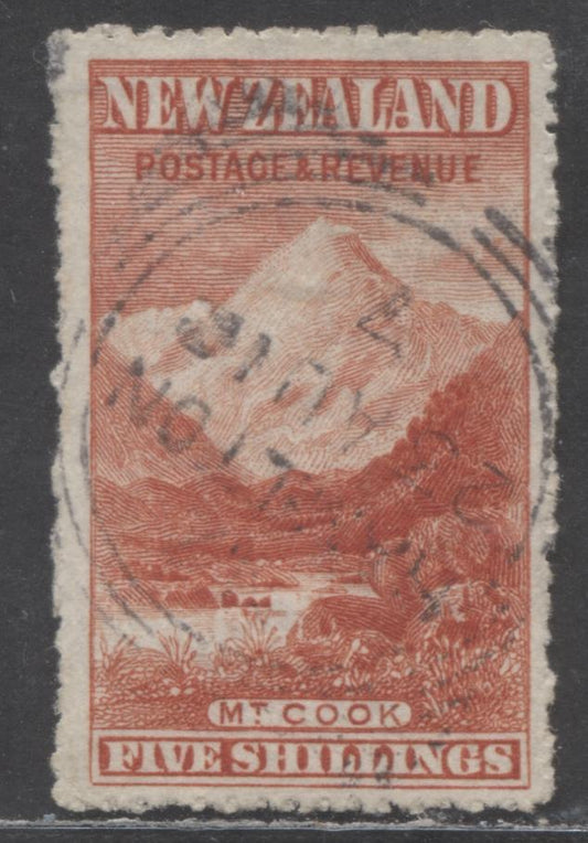 Lot 380 New Zealand SC#120 5/- Vermillion 1902-1907 Pictorial Issue, Wmk NZ And Star Close Together, A F-VF Used Single, Click on Listing to See ALL Pictures, Estimated Value $225