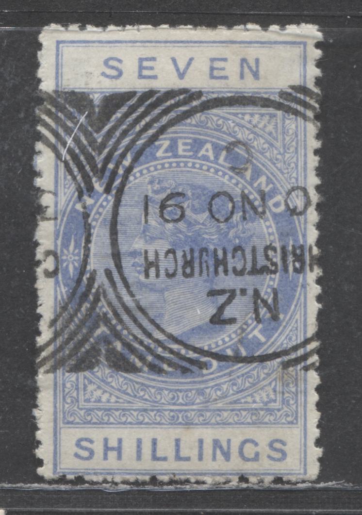 Lot 382 New Zealand SC#AR8 7/- Ultramarine 1882 Queen Victoria Sideface Postal Fiscal Issue, Wmk NZ And Star 7mm Apart, A Fine Used Single, Click on Listing to See ALL Pictures, Estimated Value $75