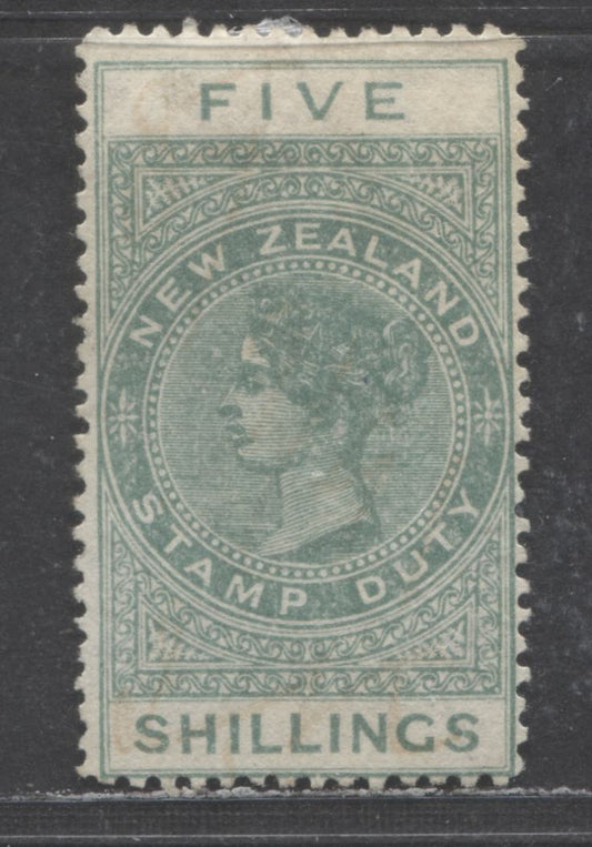 Lot 383 New Zealand SC#AR6 5/- Green 1882 Queen Victoria Sideface Postal Fiscal Issue, Wmk NZ And Star 4mm Apart, Cleaned Fiscal Cancellation, A Fine Used Single, Click on Listing to See ALL Pictures, Estimated Value $5