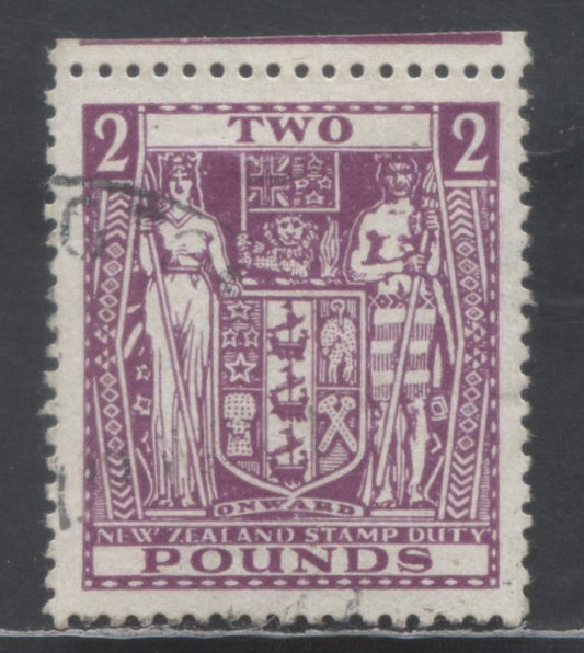 Lot 386 New Zealand SC#AR89 2 Pounds Violet 1940-1958 Arms Postal Fiscal Issue, Multiple Wmk, A VF Used Single, Click on Listing to See ALL Pictures, 2017 Scott Cat. $60