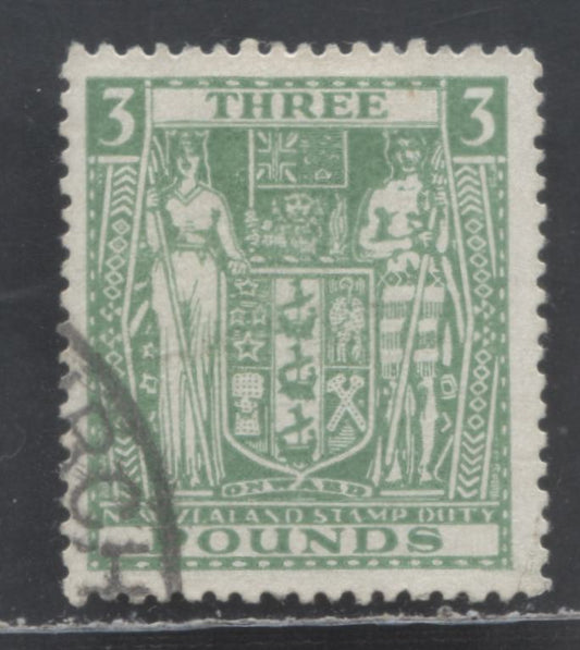 Lot 387 New Zealand SC#AR91 3 Pounds Light Green 1940-1958 Arms Postal Fiscal Issue, Multiple Wmk, A Fine Used Single, Click on Listing to See ALL Pictures, Estimated Value $62