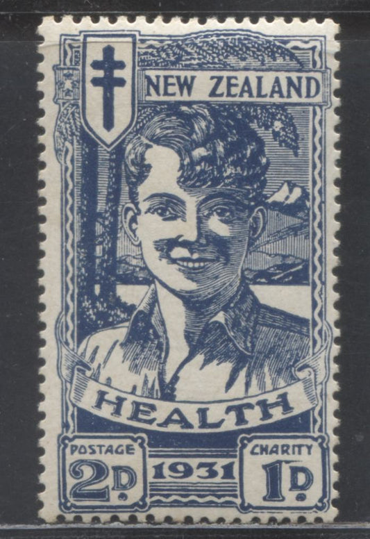 Lot 391 New Zealand SC#B4 2p + 1P Dark Blue 1931 Smiling Boy Health Issue, A VFOG Single, Click on Listing to See ALL Pictures, 2017 Scott Cat. $100