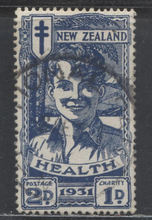 Lot 391A New Zealand SC#B4 2p + 1P Dark Blue 1931 Smiling Boy Health Issue, VF Appearance, But Tiny Tear At Upper Right, A VG Used Single, Click on Listing to See ALL Pictures, Estimated Value $18