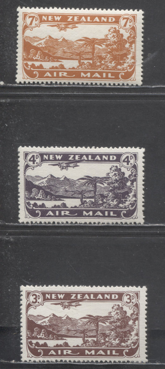 Lot 392 New Zealand SC#C1-C3-C1-C3 1931 Plane Over Lake Manapouri Airmails, All Perf. 14 x 14.5, Three VFNH Singles, Click on Listing to See ALL Pictures, Estimated Value $170