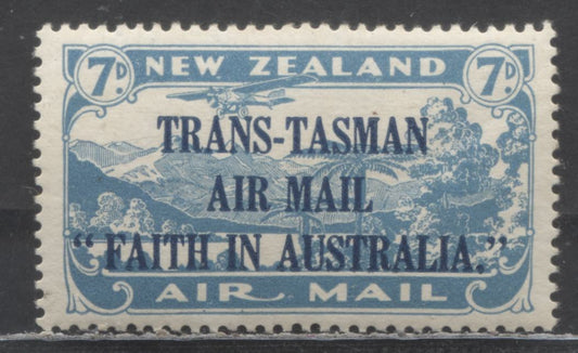 Lot 394 New Zealand SC#C5 7d Bright Blue 1934 Trans-Tasman Airmail Overprints, A VFNH Single, Click on Listing to See ALL Pictures, Estimated Value $100